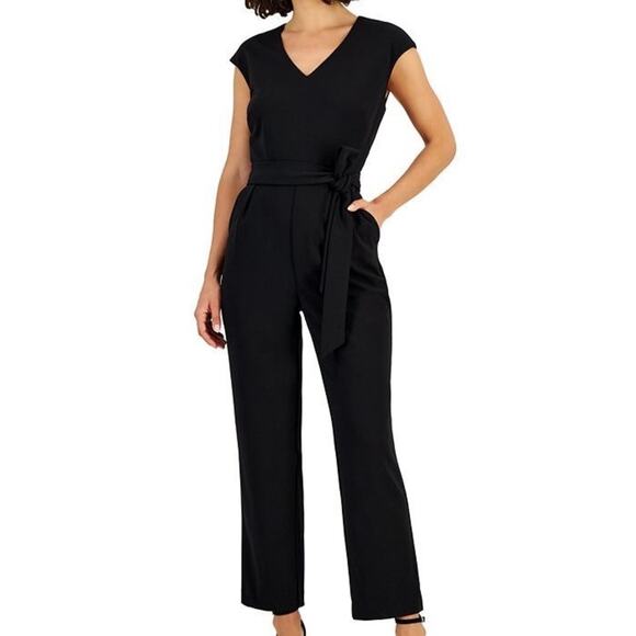 NINE WEST Belted Black Crepe Jumpsuit V Neck 6 Work - Picture 1 of 5